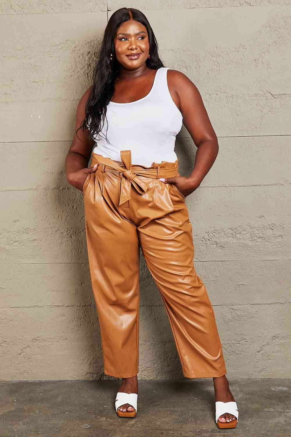 HEYSON Powerful You Full Size Faux Leather Tie Waist Pants