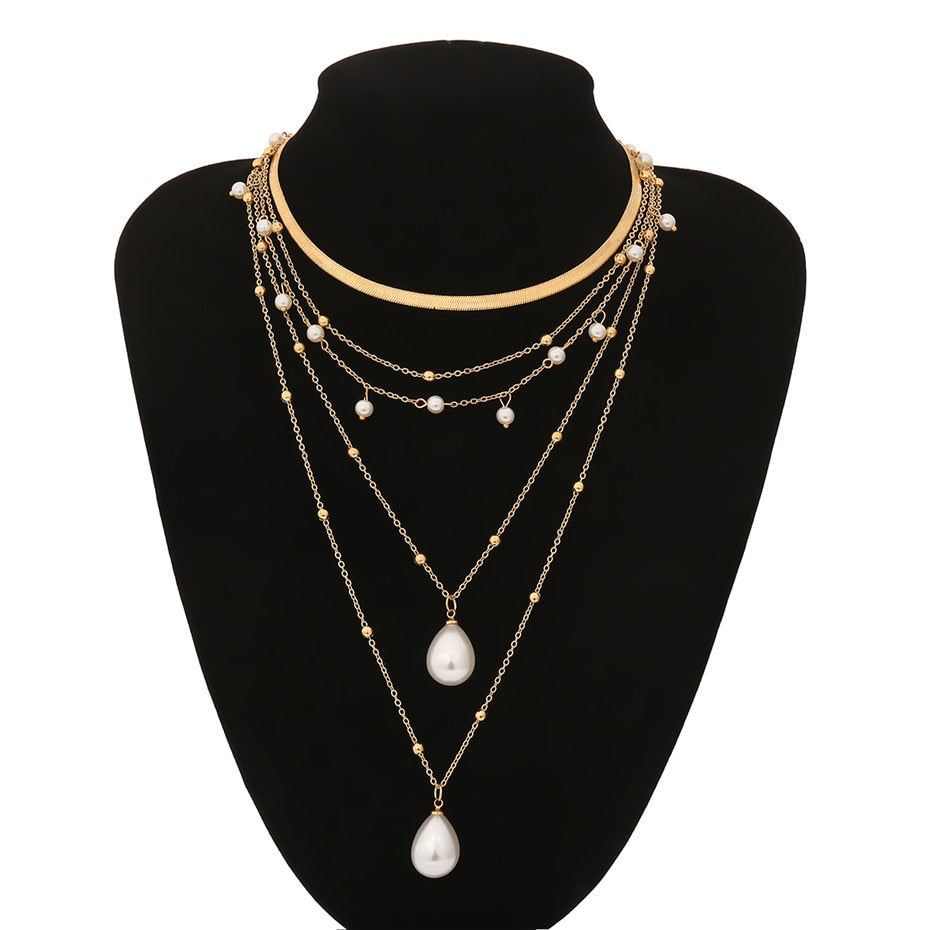 IngeSight.Z Bohemian Multi Layer Imitation Pearl Tassel Choker Necklace Collar Statement Pendant Necklace for Women Jewelry