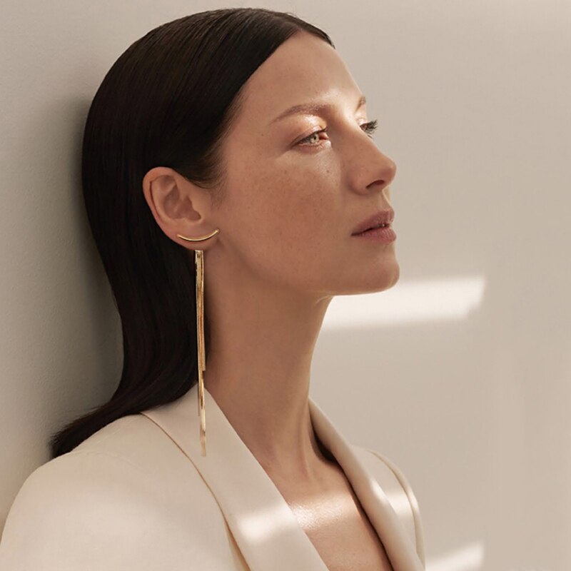 Peri'sBox Bar Long Thread Tassel Earrings Glossy Arc Geometric Earrings for Women Gold Silver Color Statement Earrings
