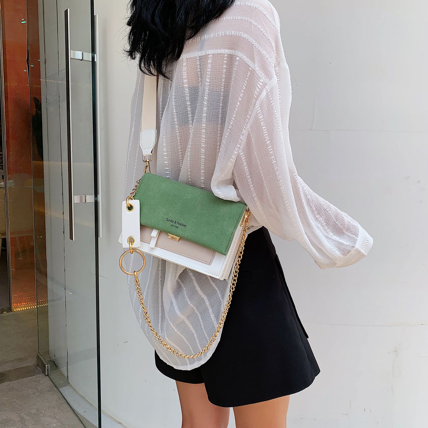 Scrub Leather Contrast Color Crossbody Bag