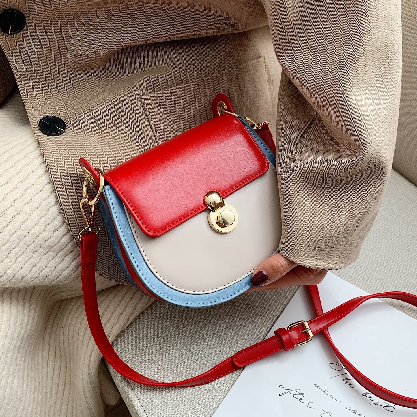 PU Leather Contrast Color Shoulder Bags