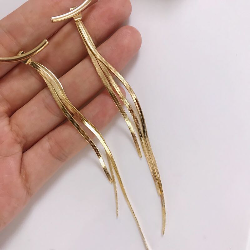 Peri'sBox Bar Long Thread Tassel Earrings Glossy Arc Geometric Earrings for Women Gold Silver Color Statement Earrings