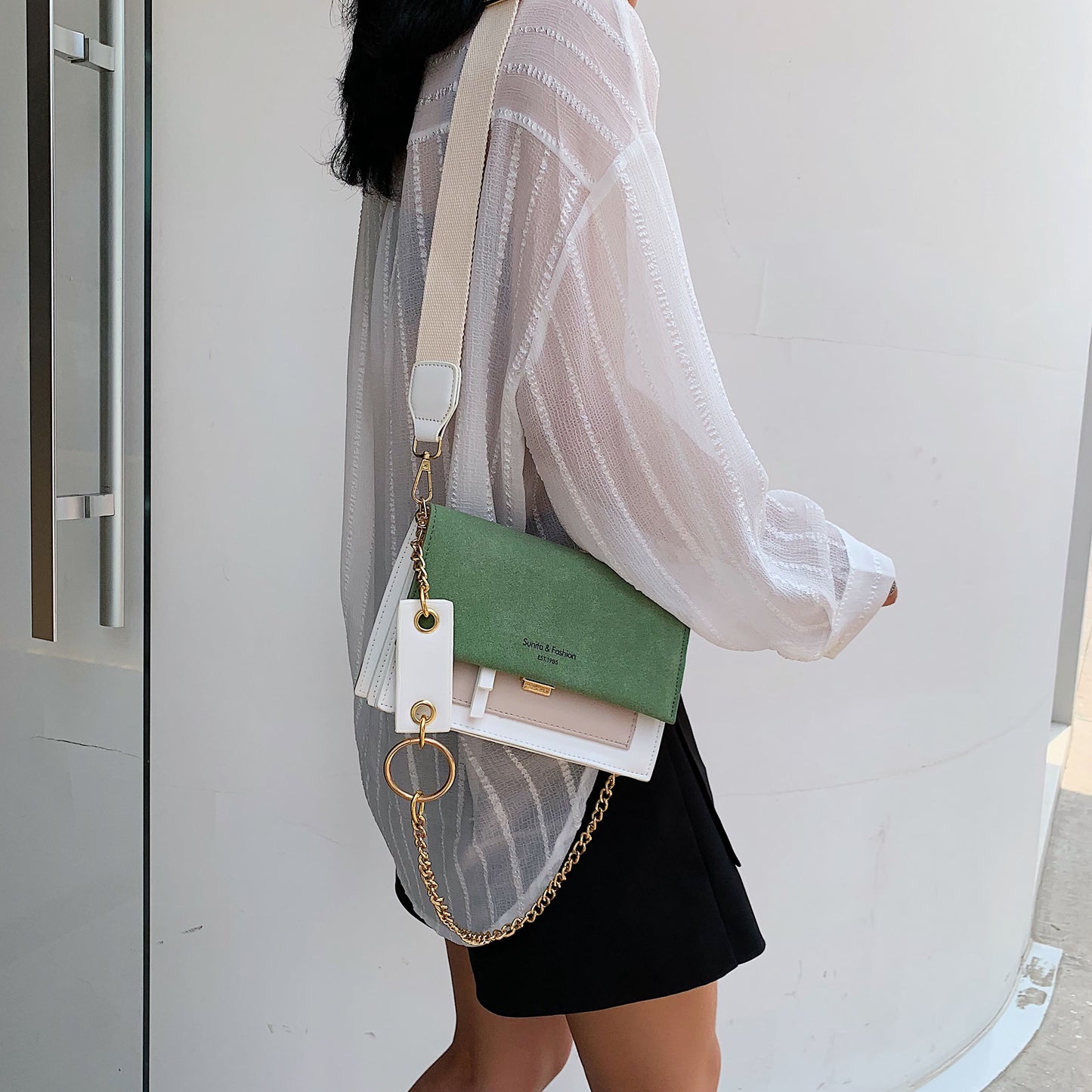 Scrub Leather Contrast Color Crossbody Bag