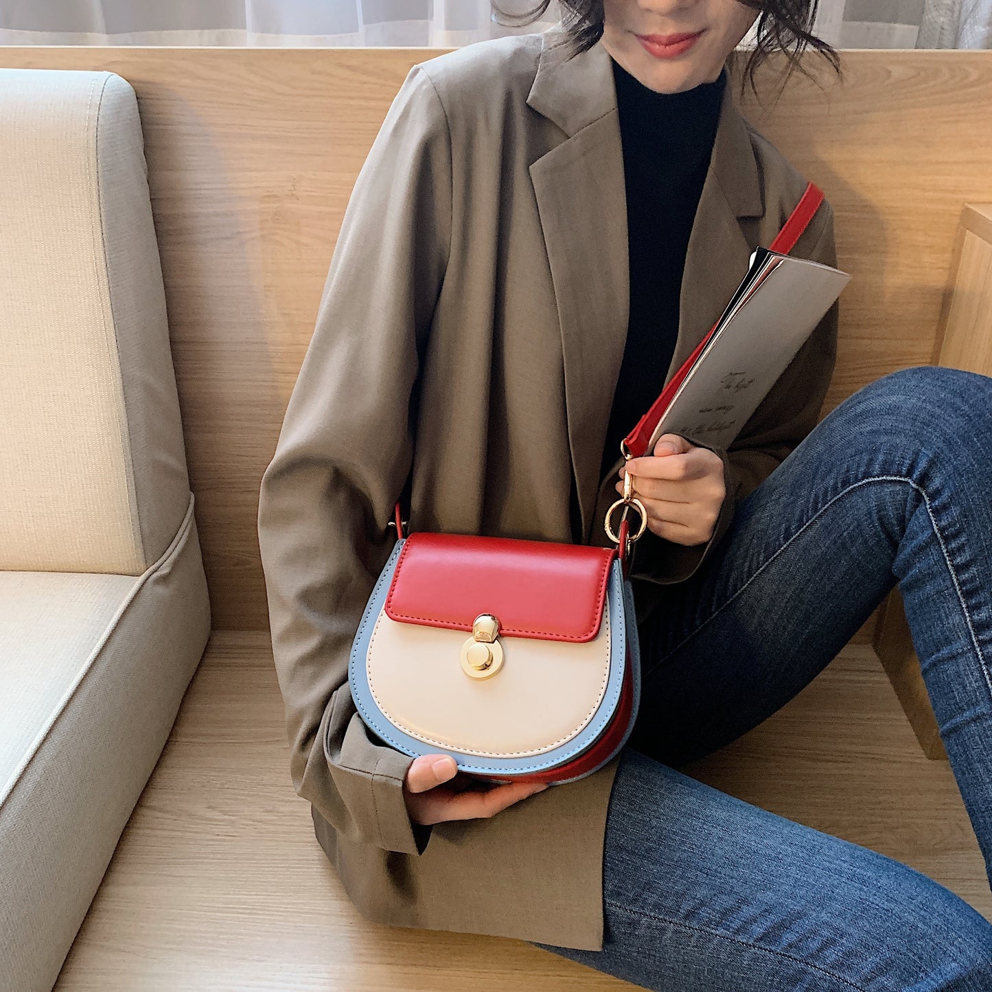 PU Leather Contrast Color Shoulder Bags