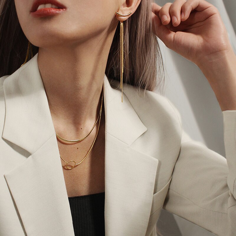 Peri'sBox Bar Long Thread Tassel Earrings Glossy Arc Geometric Earrings for Women Gold Silver Color Statement Earrings