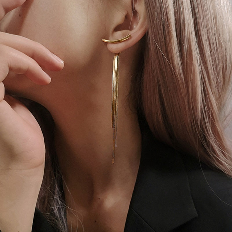 Peri'sBox Bar Long Thread Tassel Earrings Glossy Arc Geometric Earrings for Women Gold Silver Color Statement Earrings