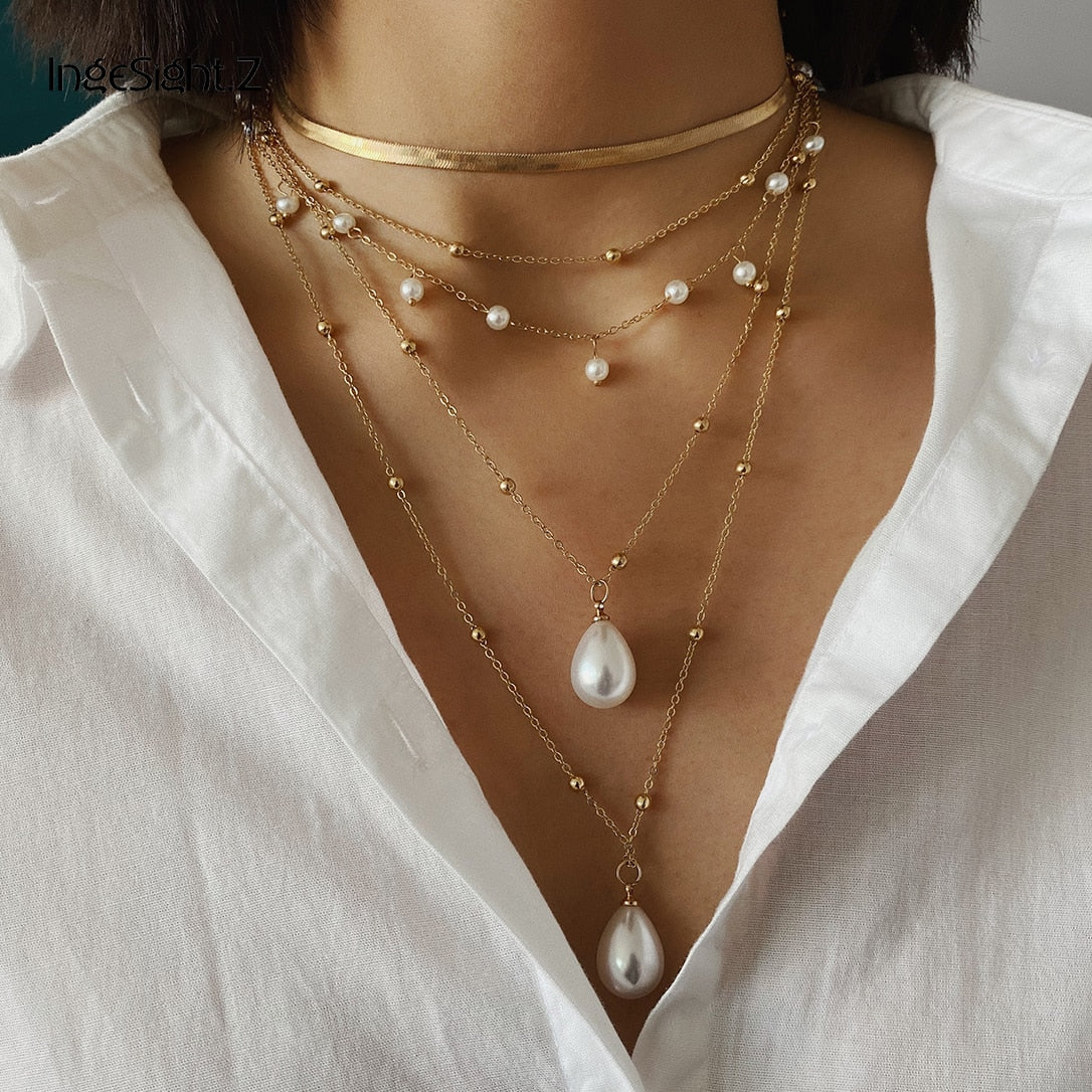 IngeSight.Z Bohemian Multi Layer Imitation Pearl Tassel Choker Necklace Collar Statement Pendant Necklace for Women Jewelry