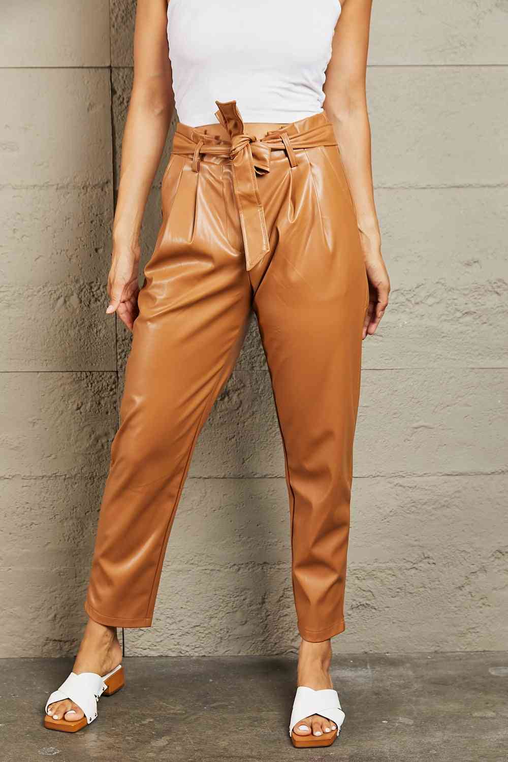HEYSON Powerful You Full Size Faux Leather Tie Waist Pants