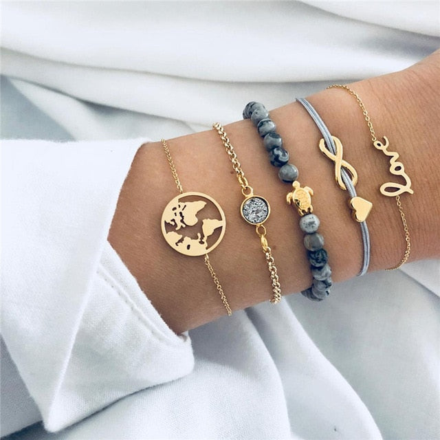 6 Pcs/ Set Women Bracelets Set Boho Gem Shell Turtle Leaf Bead Chain Leather Multilayer Bracelet Charm Lady Gold Jewelry Gift