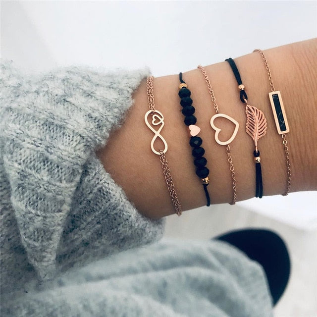 6 Pcs/ Set Women Bracelets Set Boho Gem Shell Turtle Leaf Bead Chain Leather Multilayer Bracelet Charm Lady Gold Jewelry Gift