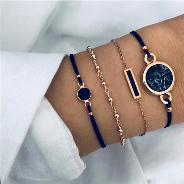 6 Pcs/ Set Women Bracelets Set Boho Gem Shell Turtle Leaf Bead Chain Leather Multilayer Bracelet Charm Lady Gold Jewelry Gift