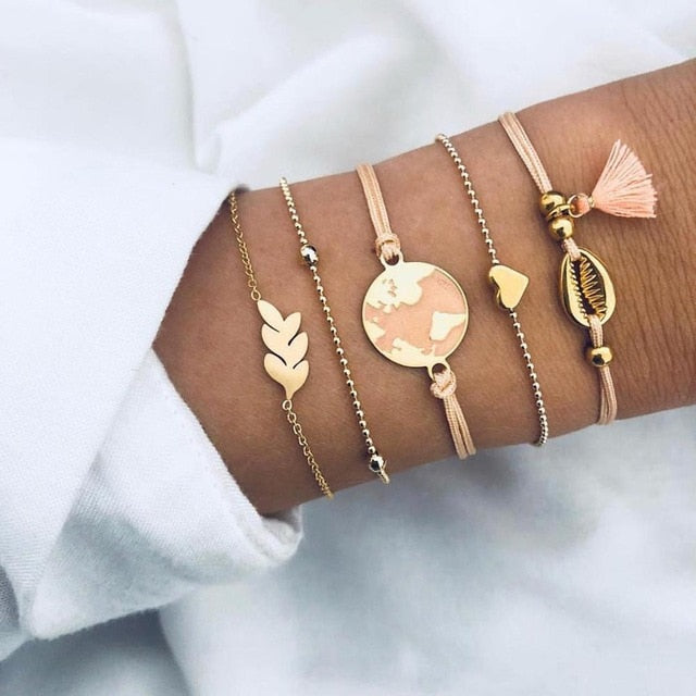 6 Pcs/ Set Women Bracelets Set Boho Gem Shell Turtle Leaf Bead Chain Leather Multilayer Bracelet Charm Lady Gold Jewelry Gift