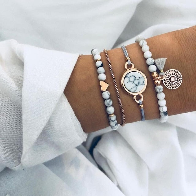 6 Pcs/ Set Women Bracelets Set Boho Gem Shell Turtle Leaf Bead Chain Leather Multilayer Bracelet Charm Lady Gold Jewelry Gift