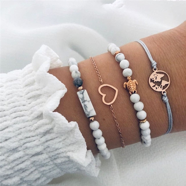 6 Pcs/ Set Women Bracelets Set Boho Gem Shell Turtle Leaf Bead Chain Leather Multilayer Bracelet Charm Lady Gold Jewelry Gift
