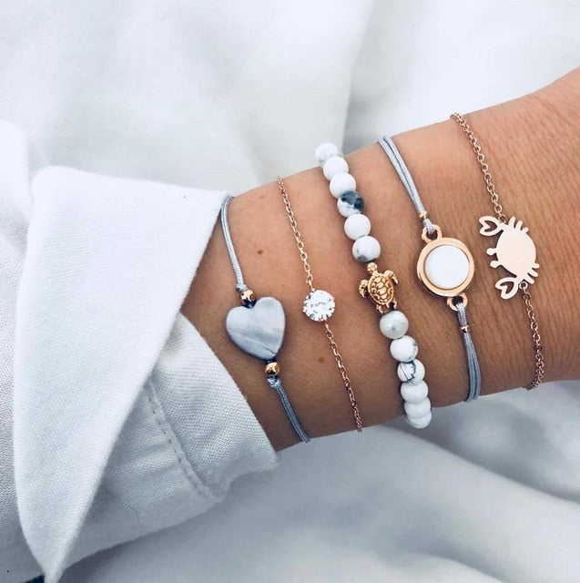 6 Pcs/ Set Women Bracelets Set Boho Gem Shell Turtle Leaf Bead Chain Leather Multilayer Bracelet Charm Lady Gold Jewelry Gift