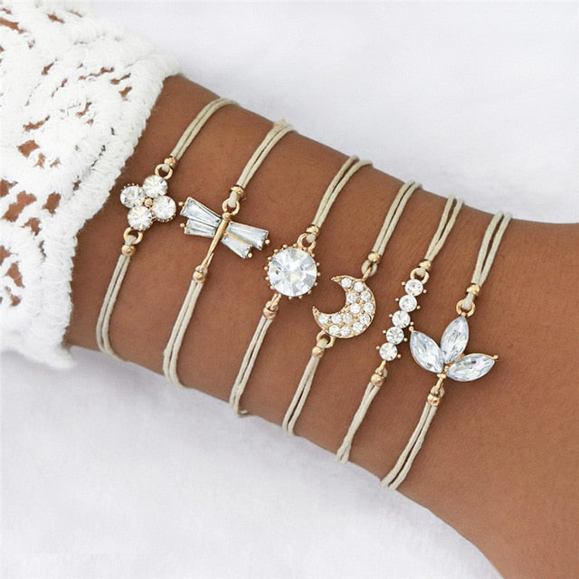 6 Pcs/ Set Women Bracelets Set Boho Gem Shell Turtle Leaf Bead Chain Leather Multilayer Bracelet Charm Lady Gold Jewelry Gift
