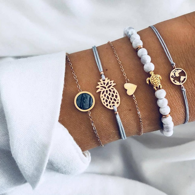 6 Pcs/ Set Women Bracelets Set Boho Gem Shell Turtle Leaf Bead Chain Leather Multilayer Bracelet Charm Lady Gold Jewelry Gift