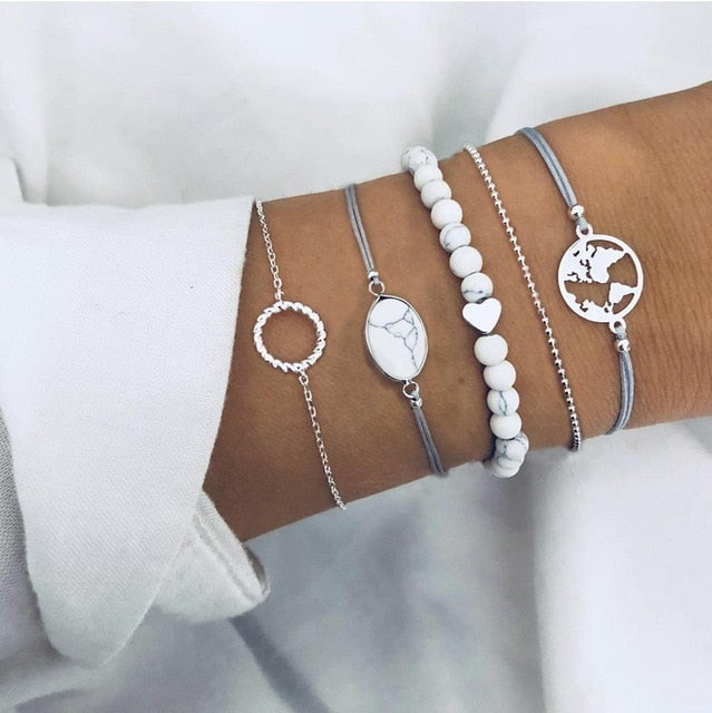 6 Pcs/ Set Women Bracelets Set Boho Gem Shell Turtle Leaf Bead Chain Leather Multilayer Bracelet Charm Lady Gold Jewelry Gift