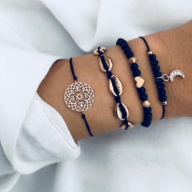 6 Pcs/ Set Women Bracelets Set Boho Gem Shell Turtle Leaf Bead Chain Leather Multilayer Bracelet Charm Lady Gold Jewelry Gift