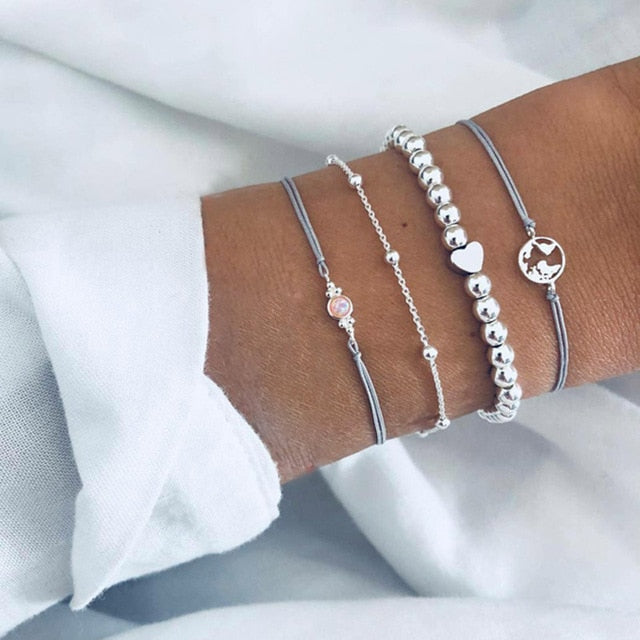 6 Pcs/ Set Women Bracelets Set Boho Gem Shell Turtle Leaf Bead Chain Leather Multilayer Bracelet Charm Lady Gold Jewelry Gift