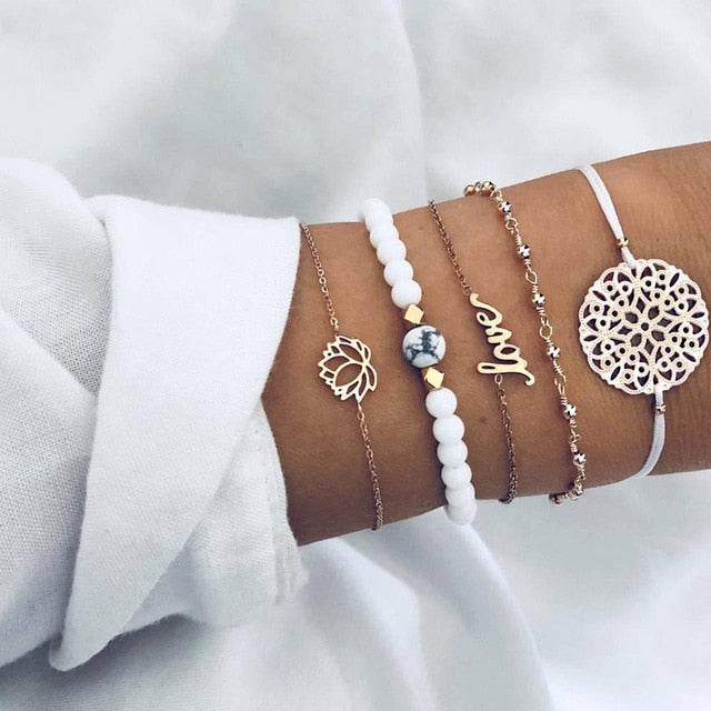 6 Pcs/ Set Women Bracelets Set Boho Gem Shell Turtle Leaf Bead Chain Leather Multilayer Bracelet Charm Lady Gold Jewelry Gift