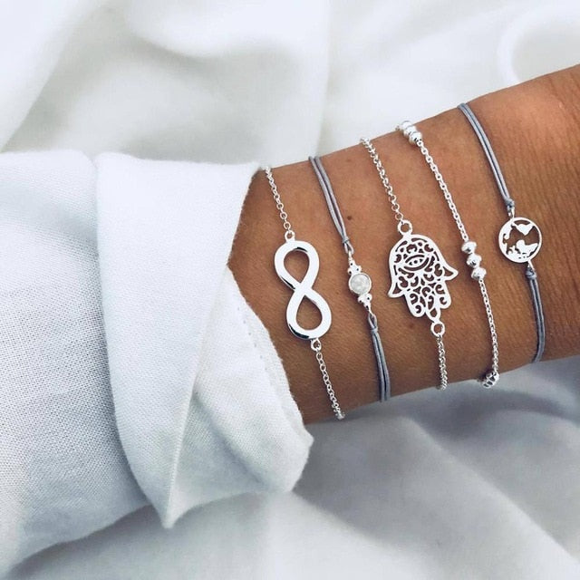 6 Pcs/ Set Women Bracelets Set Boho Gem Shell Turtle Leaf Bead Chain Leather Multilayer Bracelet Charm Lady Gold Jewelry Gift