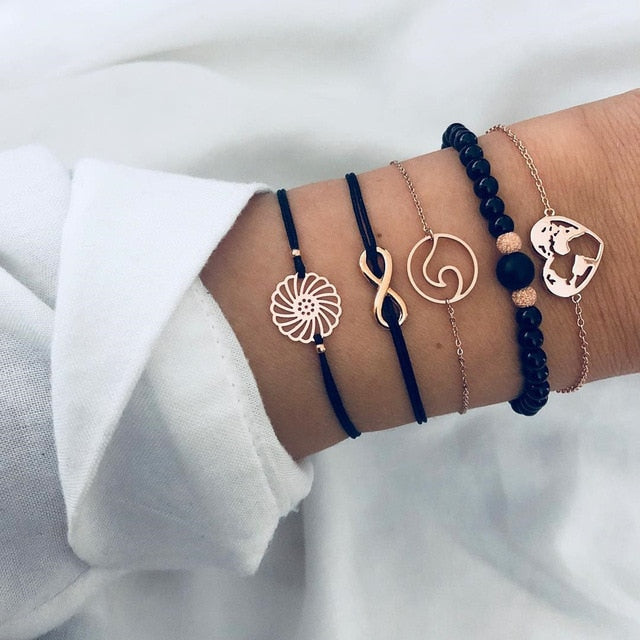 6 Pcs/ Set Women Bracelets Set Boho Gem Shell Turtle Leaf Bead Chain Leather Multilayer Bracelet Charm Lady Gold Jewelry Gift