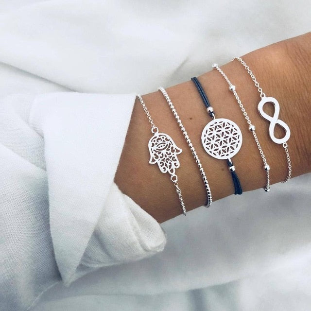 6 Pcs/ Set Women Bracelets Set Boho Gem Shell Turtle Leaf Bead Chain Leather Multilayer Bracelet Charm Lady Gold Jewelry Gift
