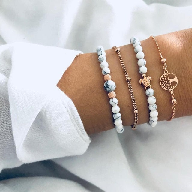 6 Pcs/ Set Women Bracelets Set Boho Gem Shell Turtle Leaf Bead Chain Leather Multilayer Bracelet Charm Lady Gold Jewelry Gift