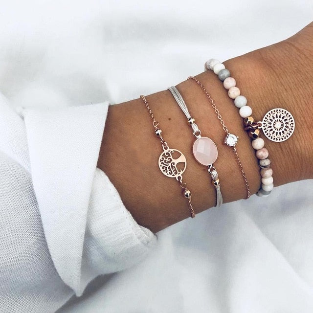 6 Pcs/ Set Women Bracelets Set Boho Gem Shell Turtle Leaf Bead Chain Leather Multilayer Bracelet Charm Lady Gold Jewelry Gift
