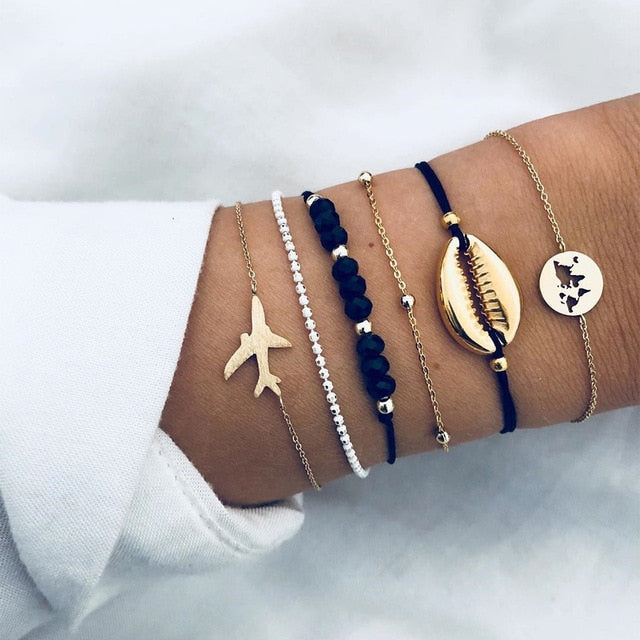 6 Pcs/ Set Women Bracelets Set Boho Gem Shell Turtle Leaf Bead Chain Leather Multilayer Bracelet Charm Lady Gold Jewelry Gift