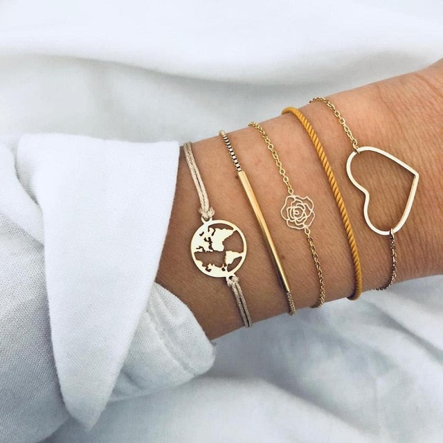6 Pcs/ Set Women Bracelets Set Boho Gem Shell Turtle Leaf Bead Chain Leather Multilayer Bracelet Charm Lady Gold Jewelry Gift