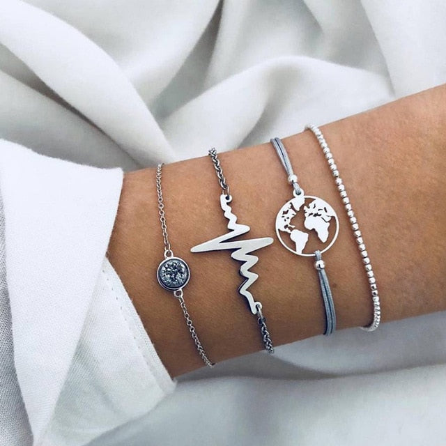 6 Pcs/ Set Women Bracelets Set Boho Gem Shell Turtle Leaf Bead Chain Leather Multilayer Bracelet Charm Lady Gold Jewelry Gift
