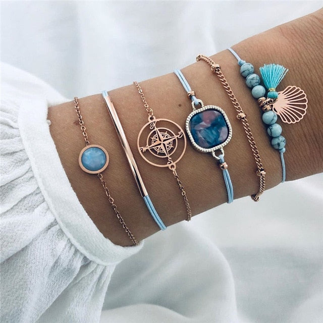 6 Pcs/ Set Women Bracelets Set Boho Gem Shell Turtle Leaf Bead Chain Leather Multilayer Bracelet Charm Lady Gold Jewelry Gift