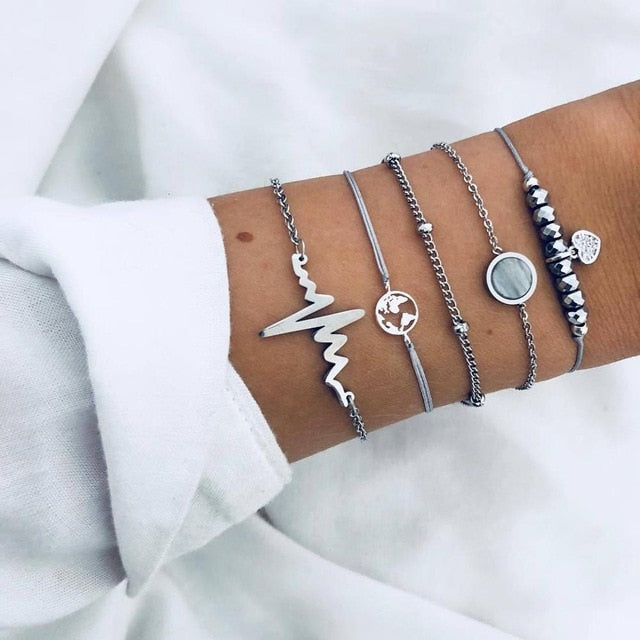 6 Pcs/ Set Women Bracelets Set Boho Gem Shell Turtle Leaf Bead Chain Leather Multilayer Bracelet Charm Lady Gold Jewelry Gift