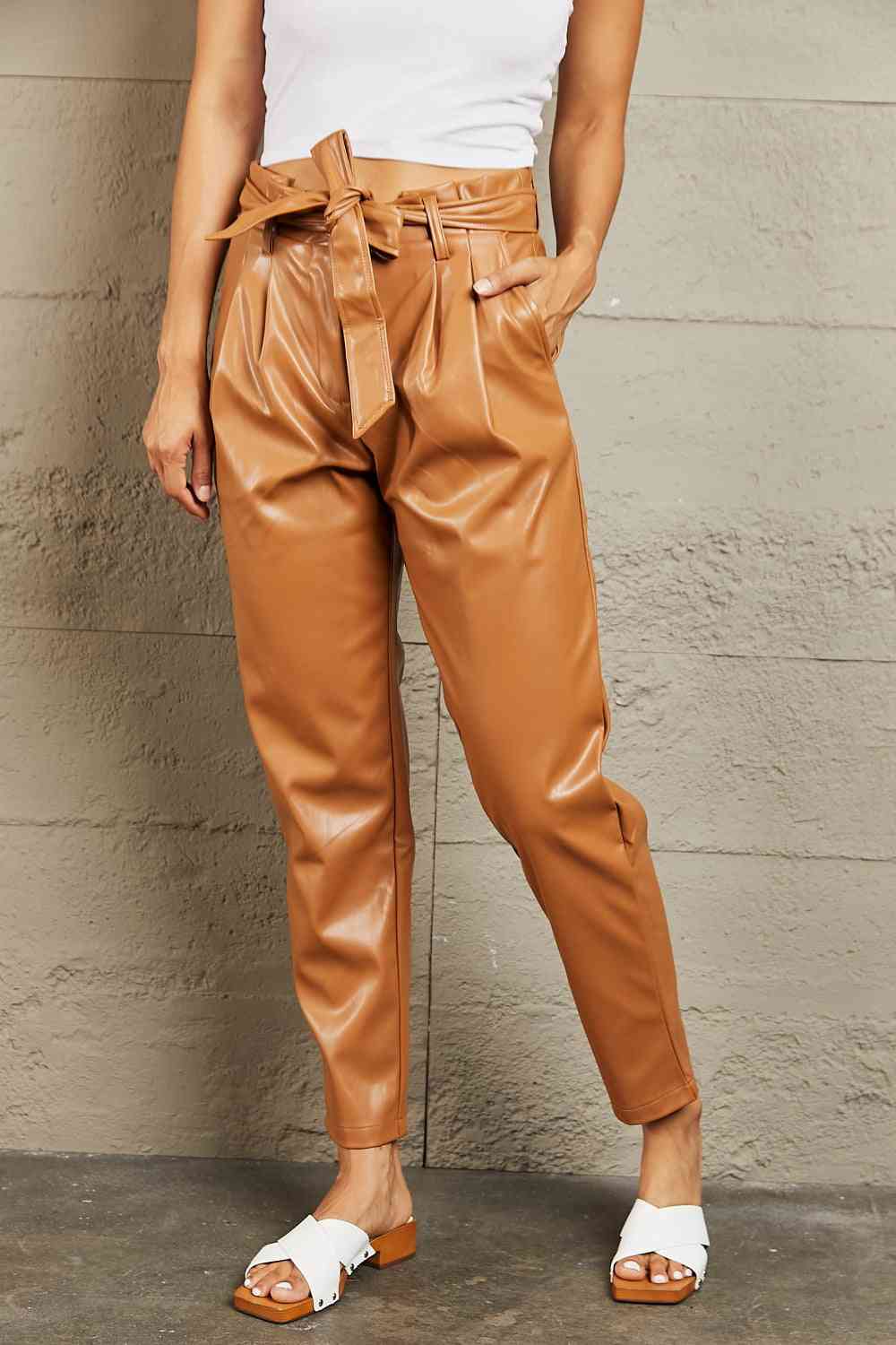 HEYSON Powerful You Full Size Faux Leather Tie Waist Pants
