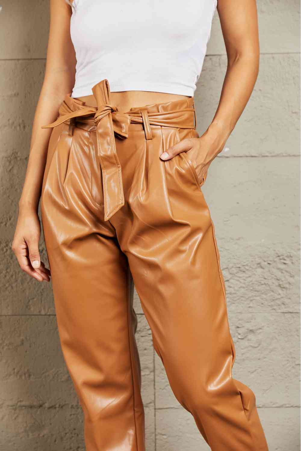 HEYSON Powerful You Full Size Faux Leather Tie Waist Pants