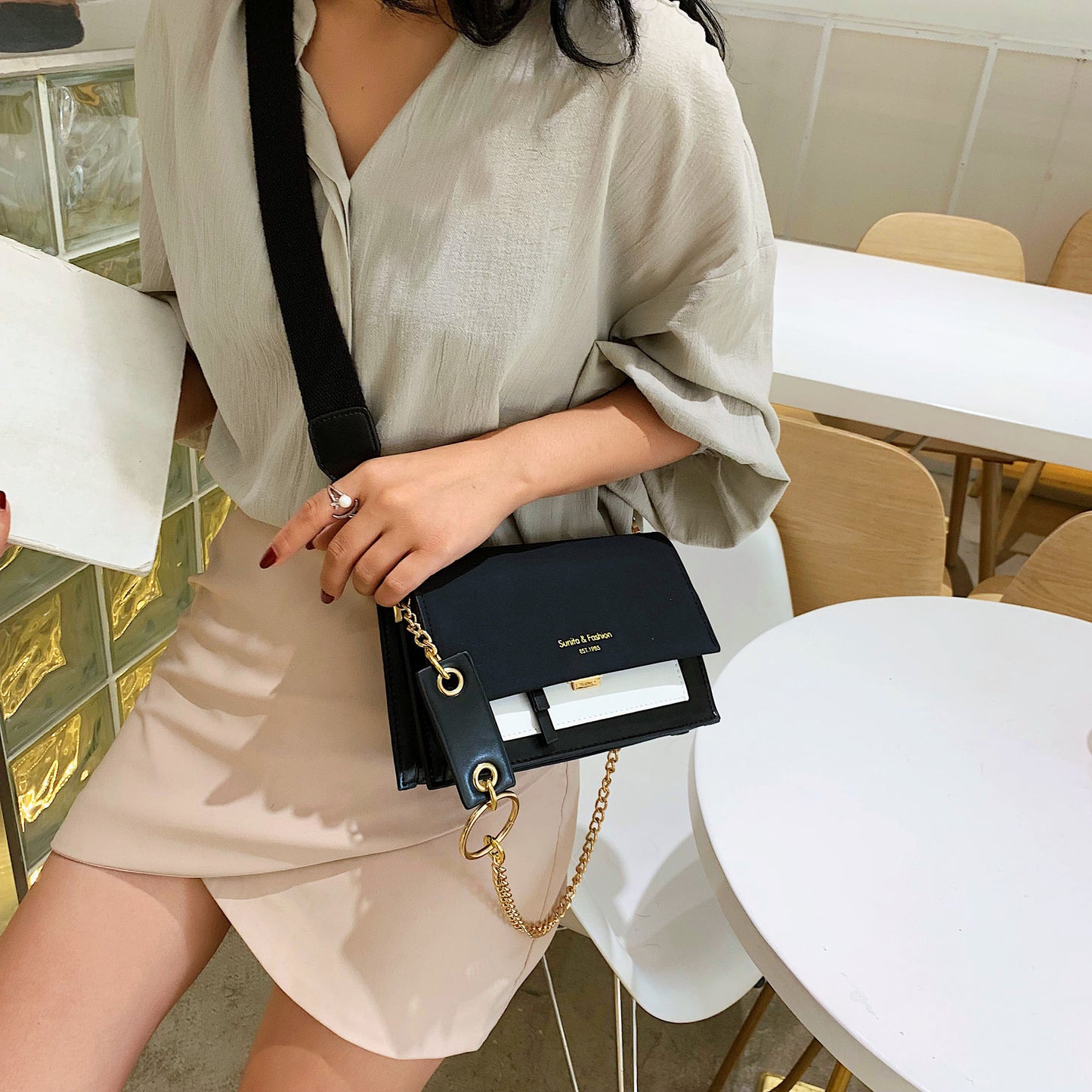 Scrub Leather Contrast Color Crossbody Bag