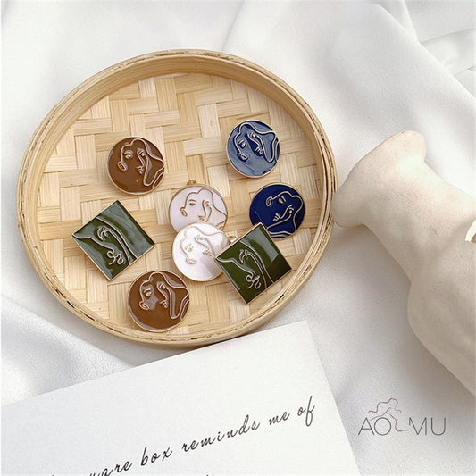 AOMU New Geometric Round Square Morandi Line Abstract Human Face Enamel Stud Earrings for Women Retro Colorful Enamel Jewelry