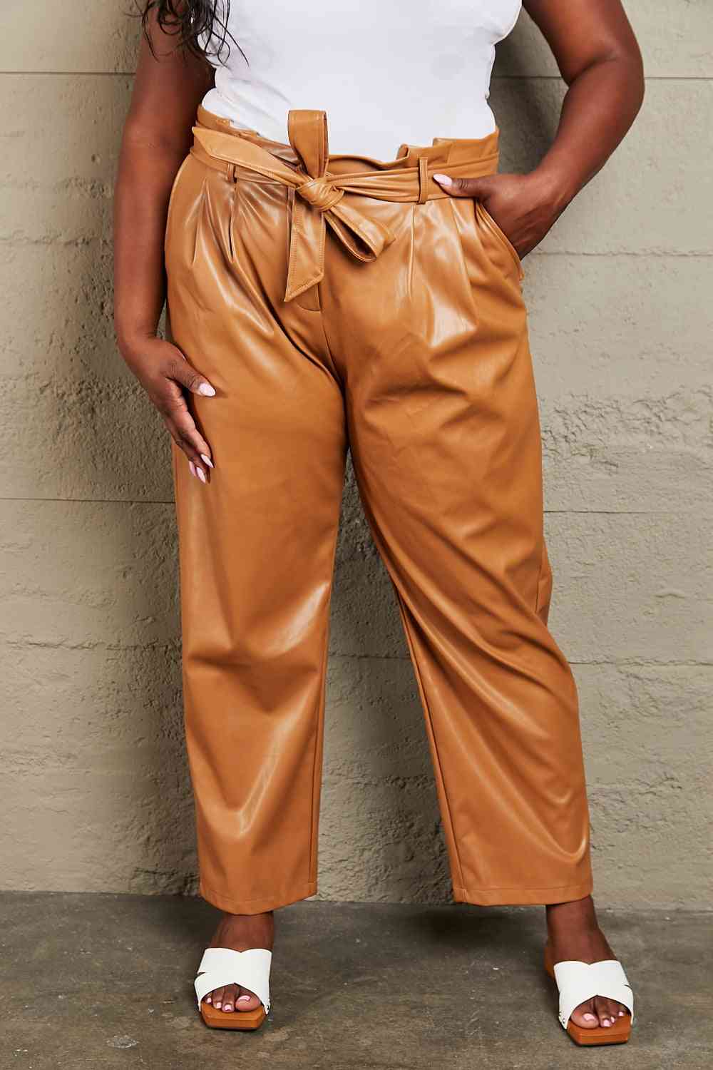 HEYSON Powerful You Full Size Faux Leather Tie Waist Pants