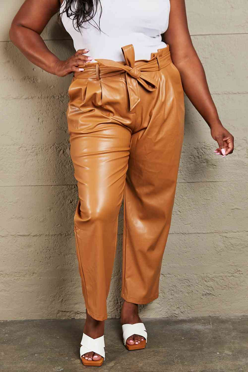 HEYSON Powerful You Full Size Faux Leather Tie Waist Pants