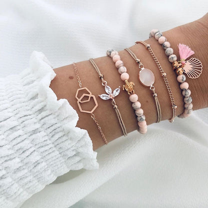 6 Pcs/ Set Women Bracelets Set Boho Gem Shell Turtle Leaf Bead Chain Leather Multilayer Bracelet Charm Lady Gold Jewelry Gift