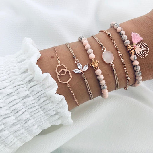 6 Pcs/ Set Women Bracelets Set Boho Gem Shell Turtle Leaf Bead Chain Leather Multilayer Bracelet Charm Lady Gold Jewelry Gift