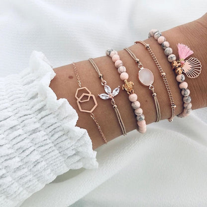 6 Pcs/ Set Women Bracelets Set Boho Gem Shell Turtle Leaf Bead Chain Leather Multilayer Bracelet Charm Lady Gold Jewelry Gift