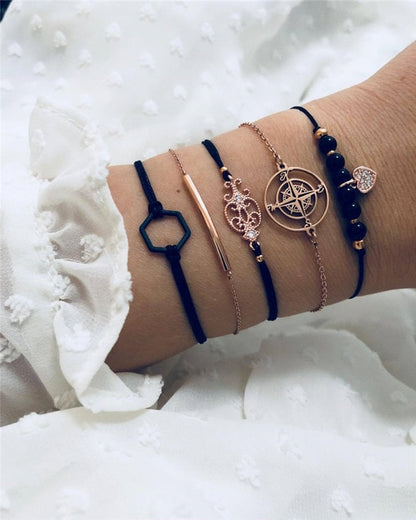 6 Pcs/ Set Women Bracelets Set Boho Gem Shell Turtle Leaf Bead Chain Leather Multilayer Bracelet Charm Lady Gold Jewelry Gift