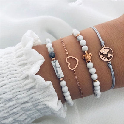 6 Pcs/ Set Women Bracelets Set Boho Gem Shell Turtle Leaf Bead Chain Leather Multilayer Bracelet Charm Lady Gold Jewelry Gift