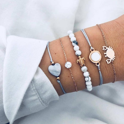 6 Pcs/ Set Women Bracelets Set Boho Gem Shell Turtle Leaf Bead Chain Leather Multilayer Bracelet Charm Lady Gold Jewelry Gift