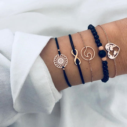 6 Pcs/ Set Women Bracelets Set Boho Gem Shell Turtle Leaf Bead Chain Leather Multilayer Bracelet Charm Lady Gold Jewelry Gift