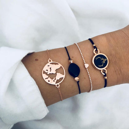 6 Pcs/ Set Women Bracelets Set Boho Gem Shell Turtle Leaf Bead Chain Leather Multilayer Bracelet Charm Lady Gold Jewelry Gift