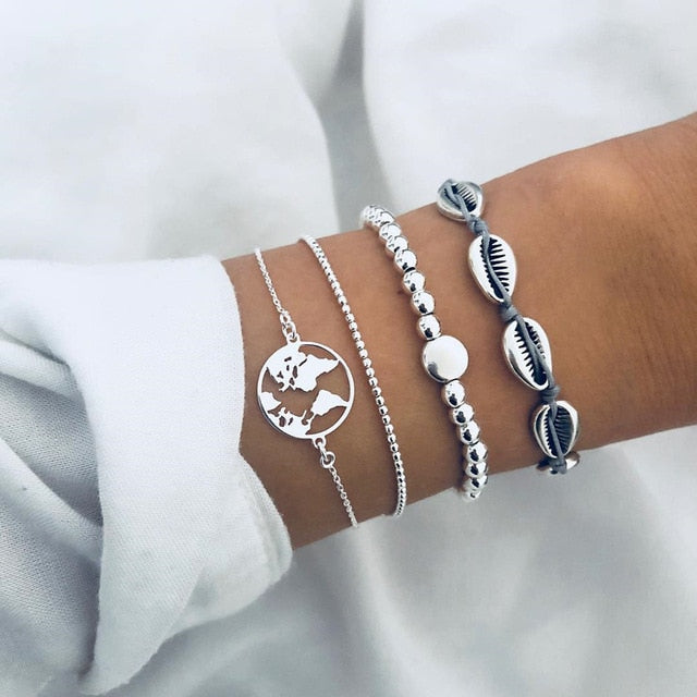 6 Pcs/ Set Women Bracelets Set Boho Gem Shell Turtle Leaf Bead Chain Leather Multilayer Bracelet Charm Lady Gold Jewelry Gift